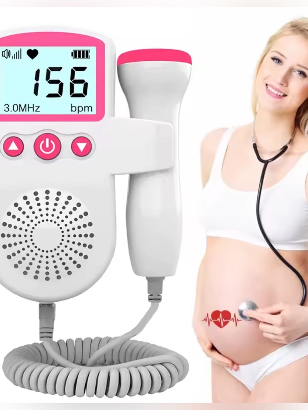 Portable Fetal Doppler Baby Heartbeat Monitor - White & Pink